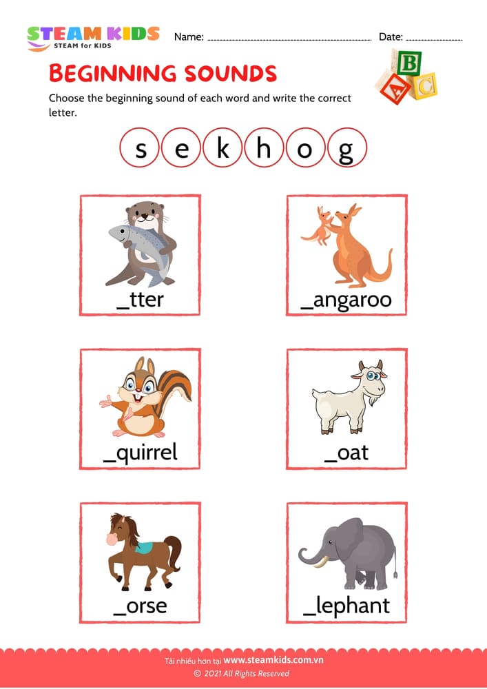 Bài tập tiếng anh - Match Alphabet Animals a to z - STEAM KIDS