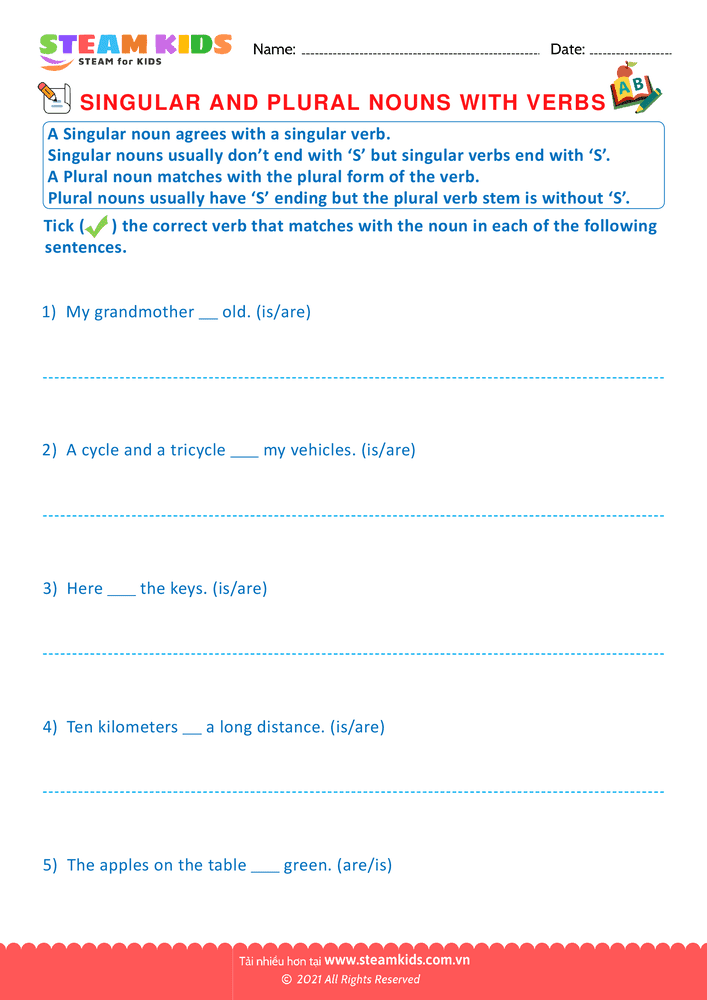 Singular and Plural Noun with Verbs - B3