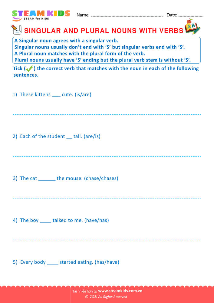Singular and Plural Noun with Verbs - B3