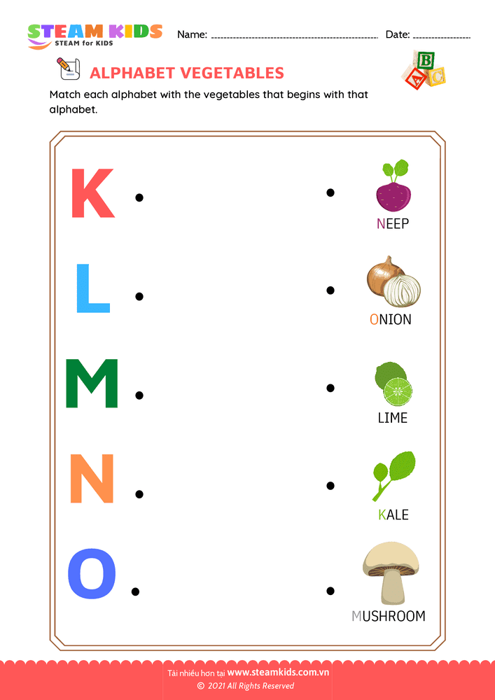 Match Alphabet Vegetables a to e Match Alphabet Vegetables 2-4 tuổi