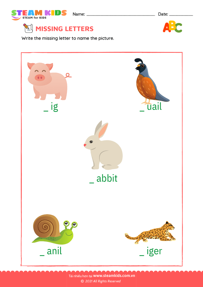 Missing letters - B1 Missing Letters 4-6 tuổi