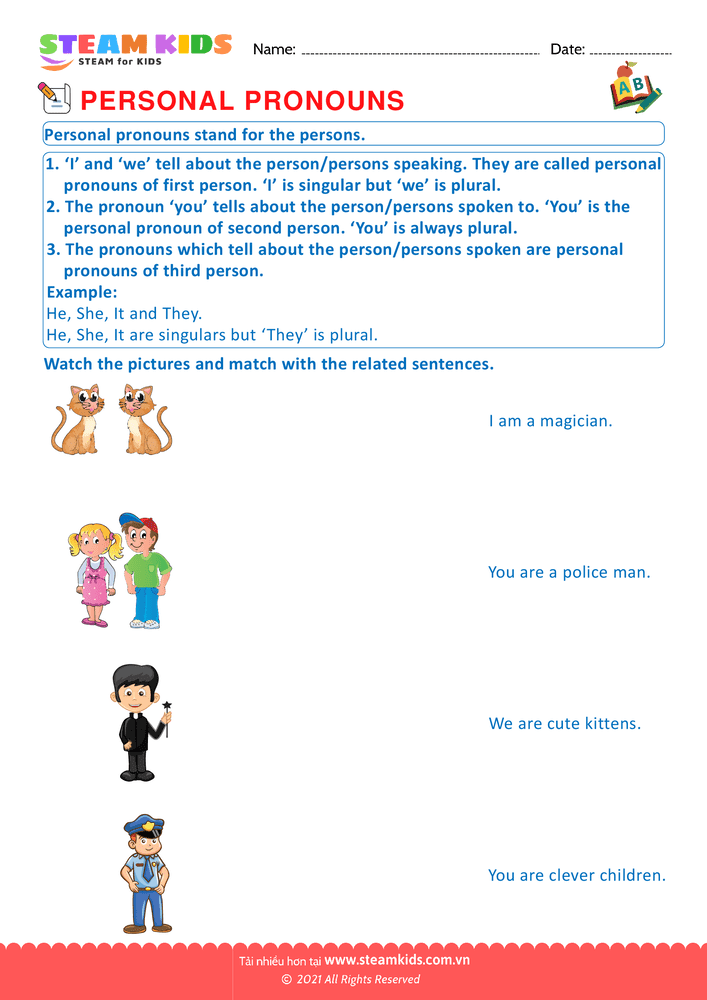 Pronouns - Personal Pronouns Lớp 1 - STEAM KIDS