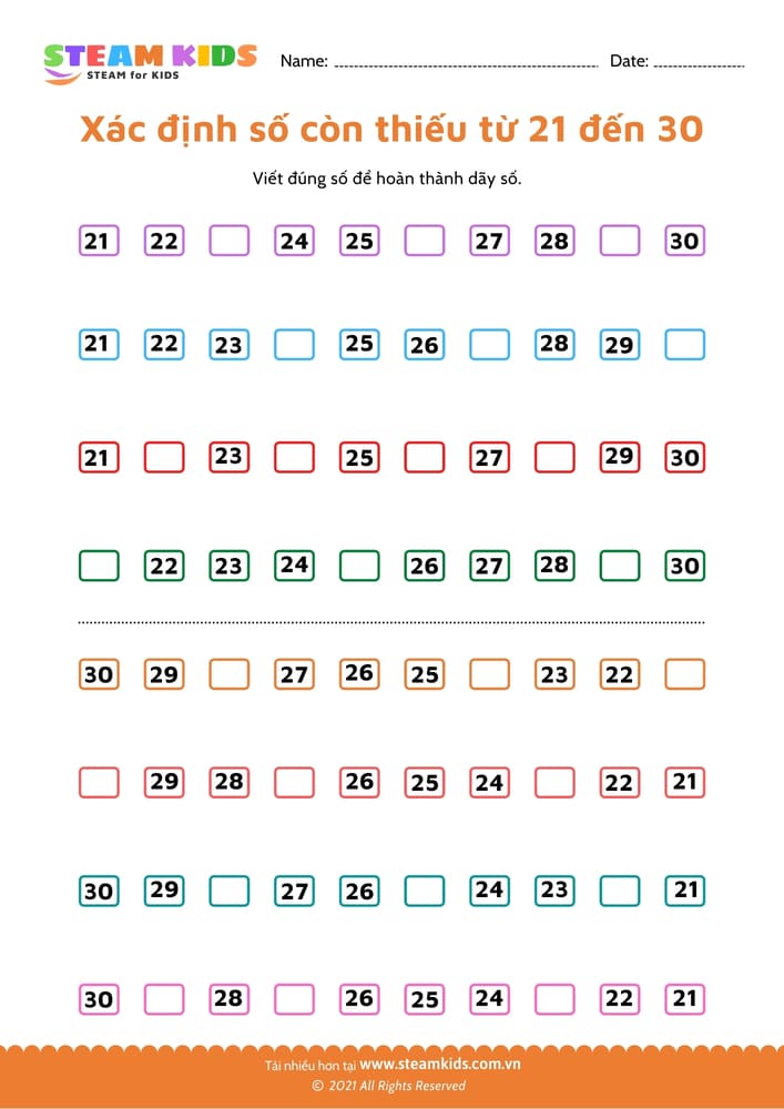 Tìm số còn thiếu từ 91 - 101