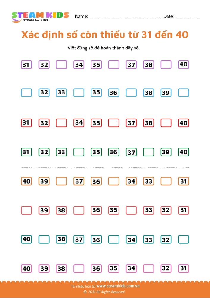 Tìm số còn thiếu từ 91 - 101