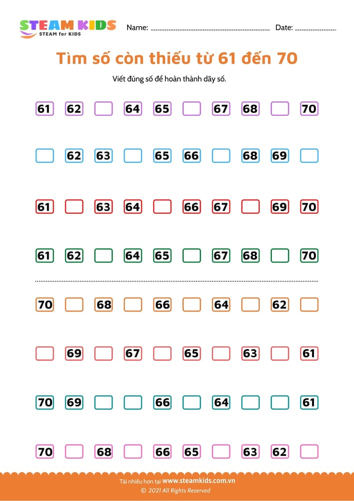 Tìm số còn thiếu từ 91 - 101