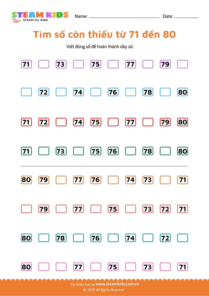 Tìm số còn thiếu từ 91 - 101