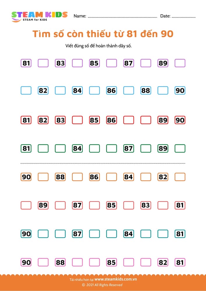 Tìm số còn thiếu từ 91 - 101
