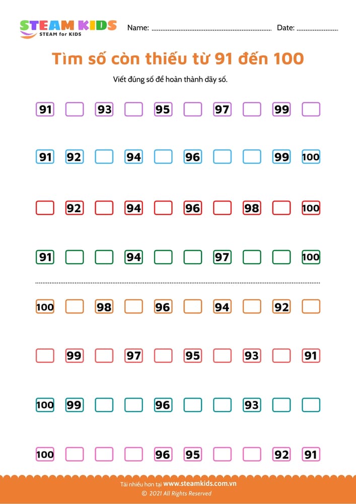 Tìm số còn thiếu từ 91 - 101