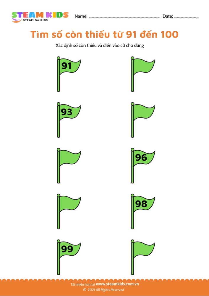 Tìm số còn thiếu từ 91 - 101