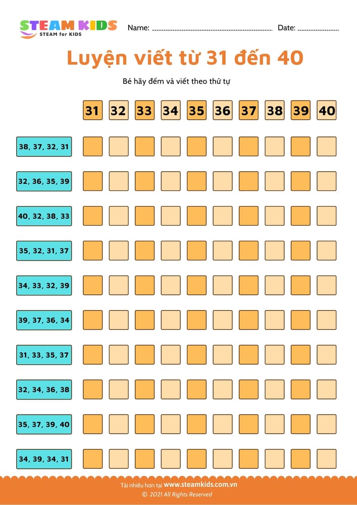 Đếm và viết số từ 31 - 41