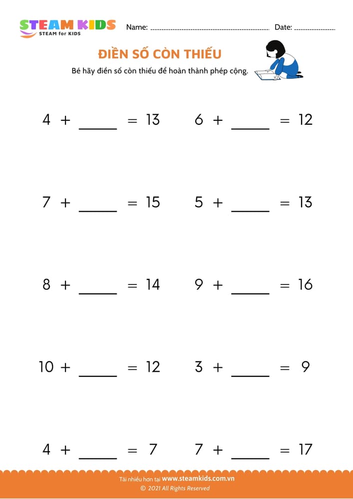 Tìm số còn thiếu - B5 toán tư duy phép cộng tìm số còn thiếu 4-6 tuổi