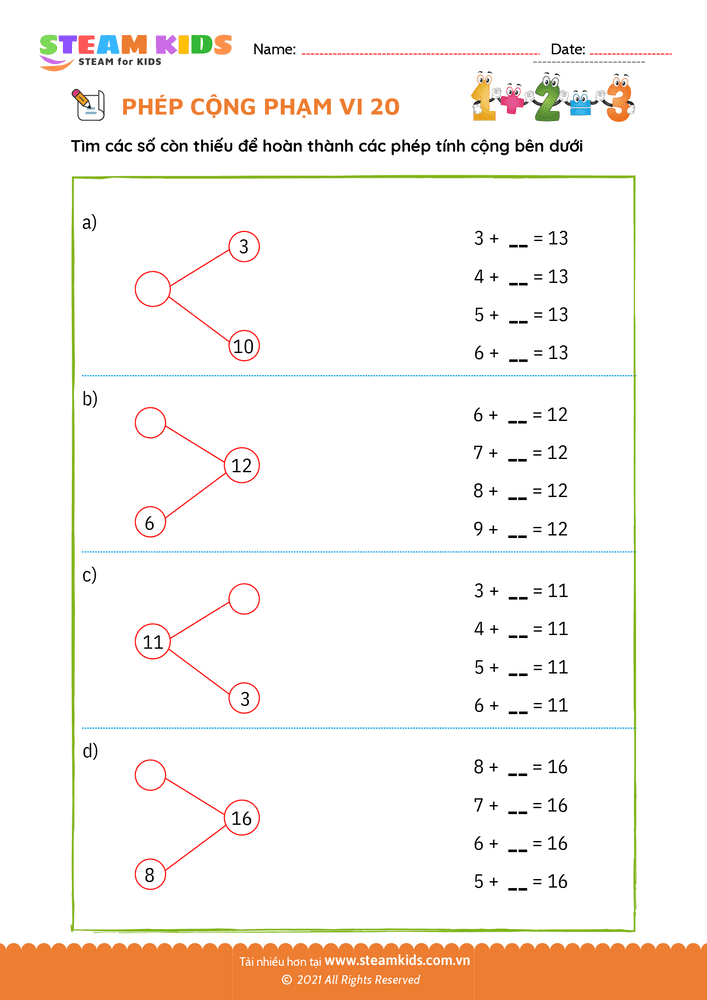 Phép cộng phạm vi 20 - B8