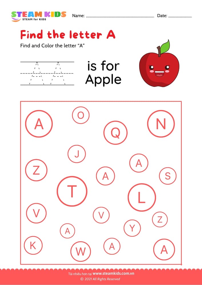 Bài tập tiếng anh - Find and Color letter A