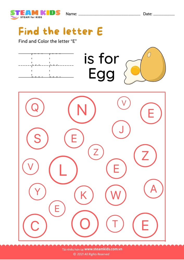 Bài tập tiếng anh - Find and Color letter E