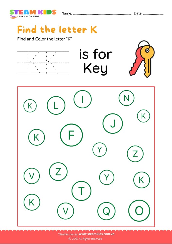Bài tập tiếng anh - Find and Color letter K