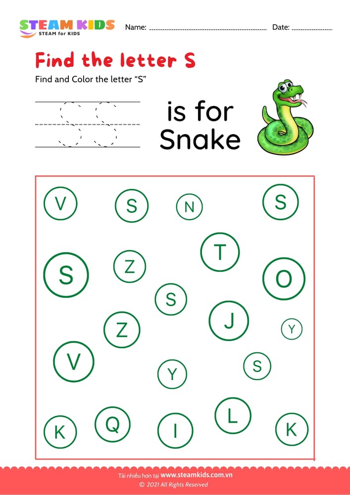 Bài tập tiếng anh - Find and Color letter S