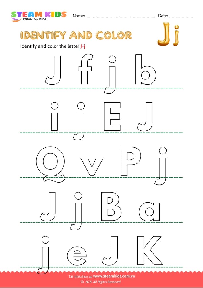 Bài tập tiếng anh - Find and Color letter J/i