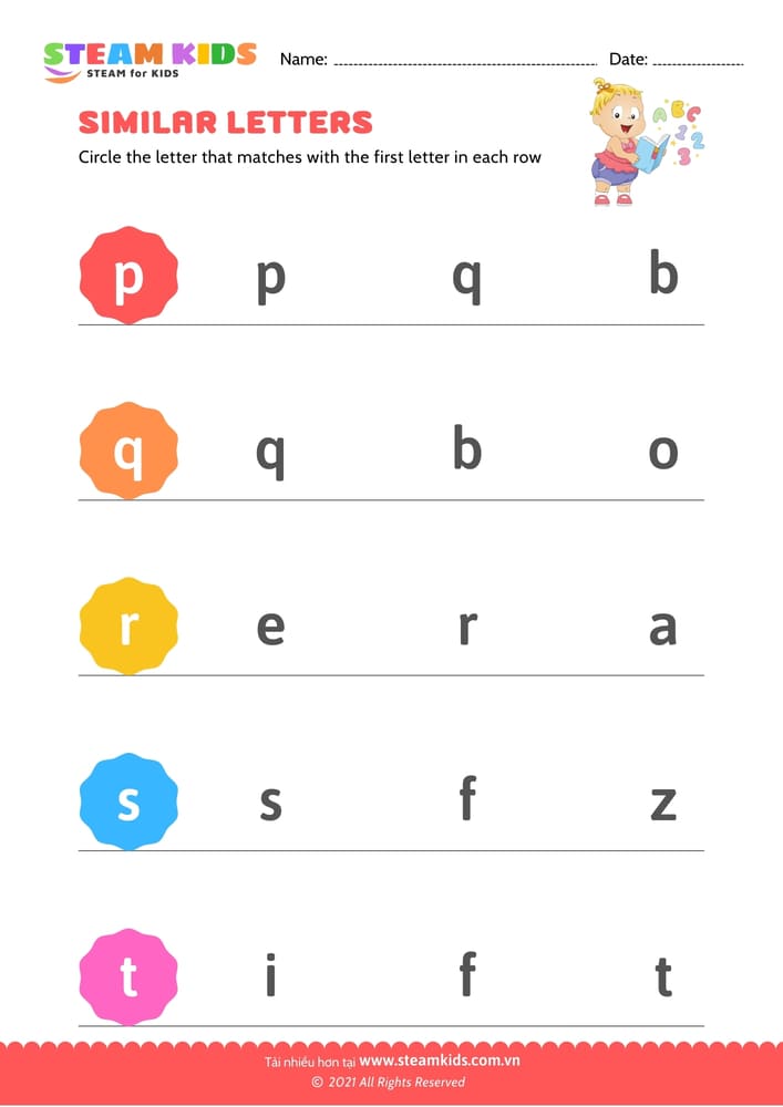 Bài tập tiếng anh - Letters that look similar lowercase (p-t)
