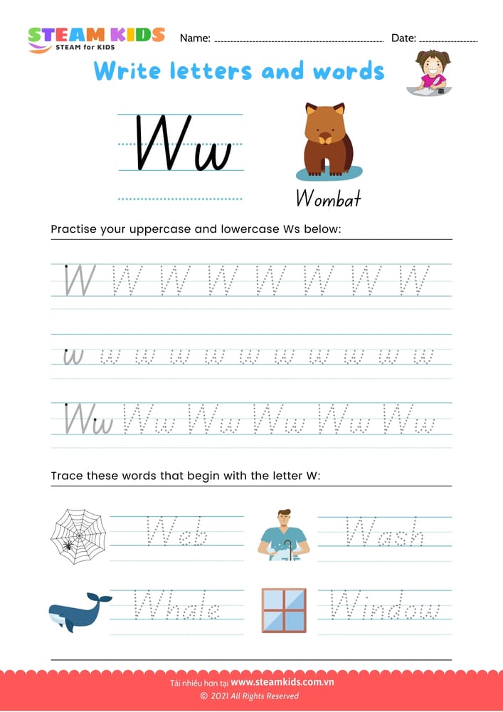 Bài tập tiếng anh - Write letters and words -  W/w