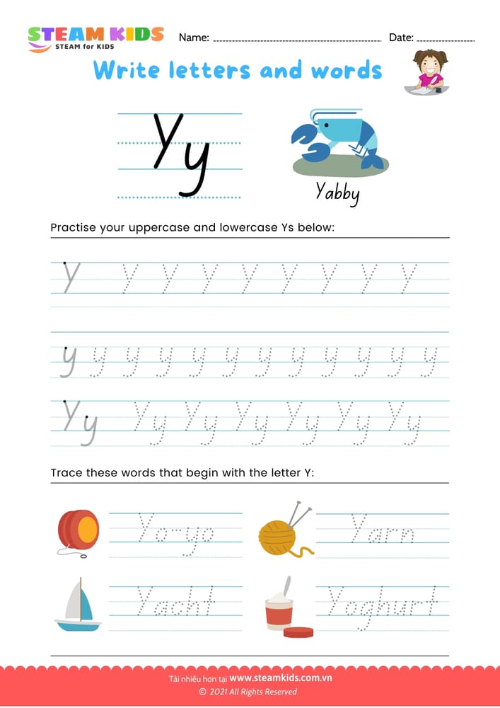 Bài tập tiếng anh - Write letters and words -  Y/y