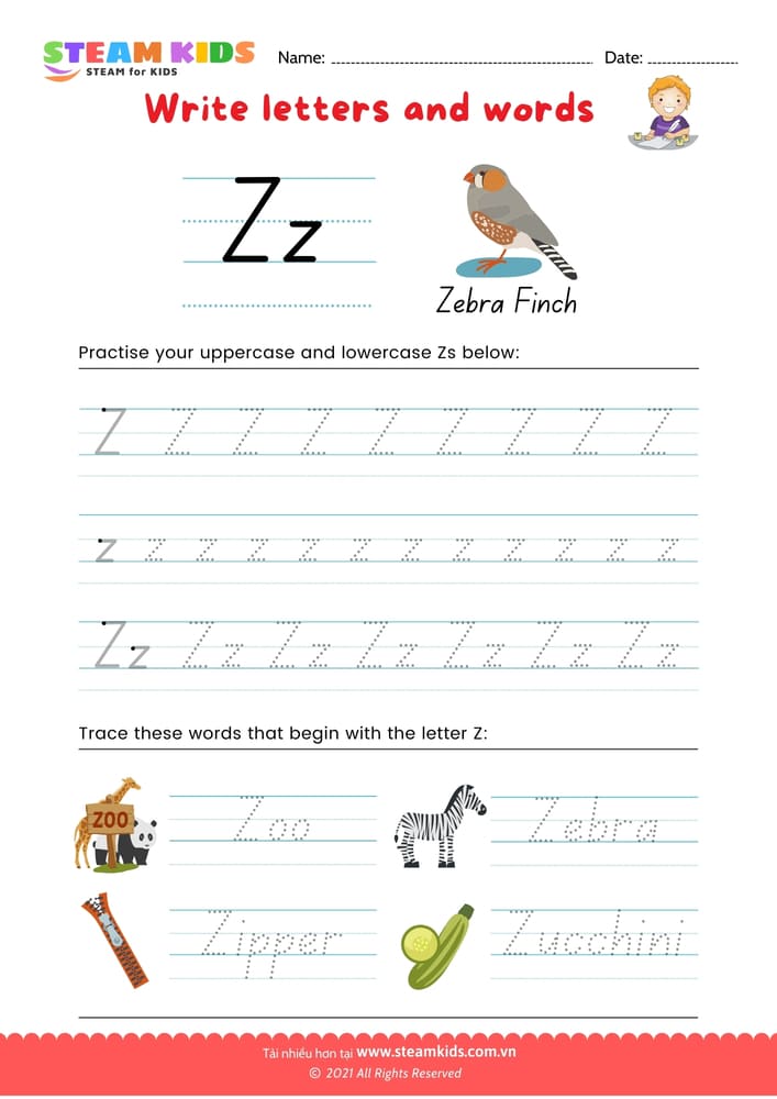 Bài tập tiếng anh - Write letters and words -  Z/z