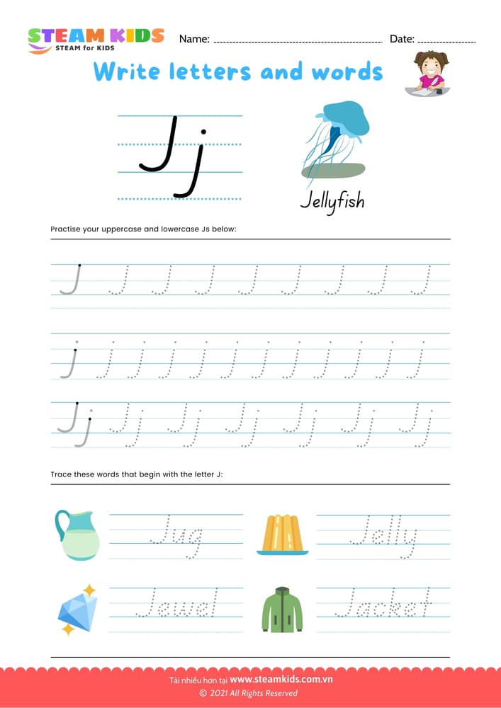 Bài tập tiếng anh - Write letters and words -  J/i