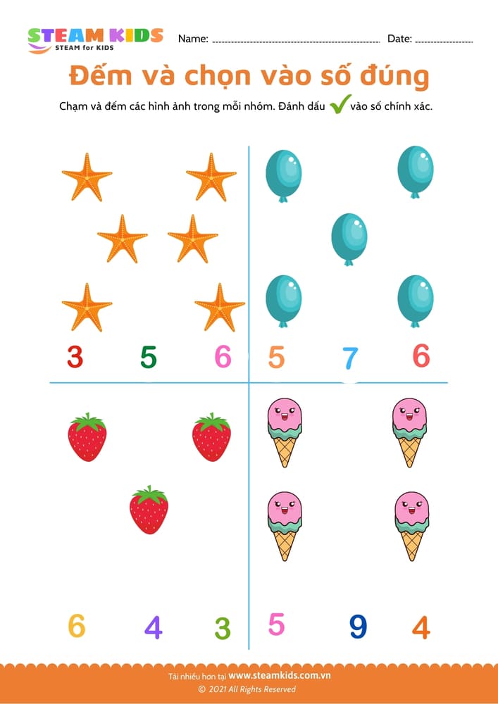 Bài tập toán tư duy - Đếm và chọn vào số đúng - B1