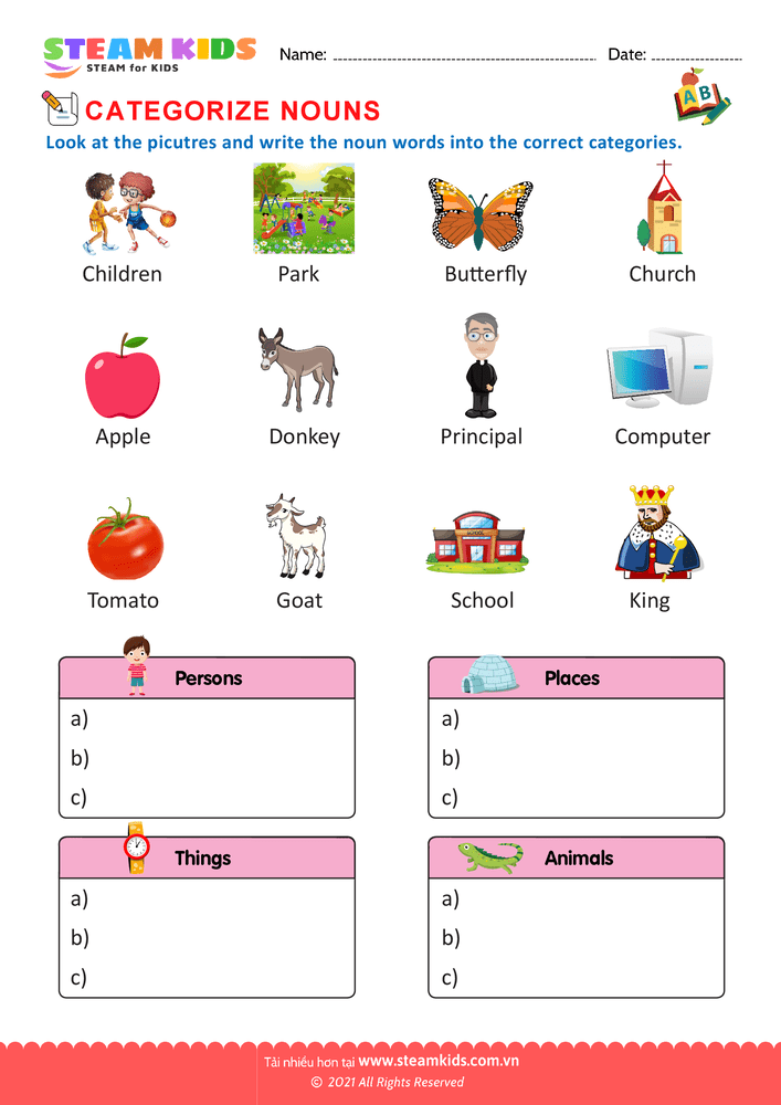 Bài tập tiếng anh - Categorize nouns - B1