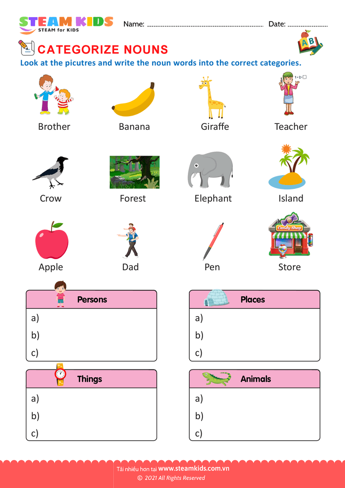 Bài tập tiếng anh - Categorize nouns - B3