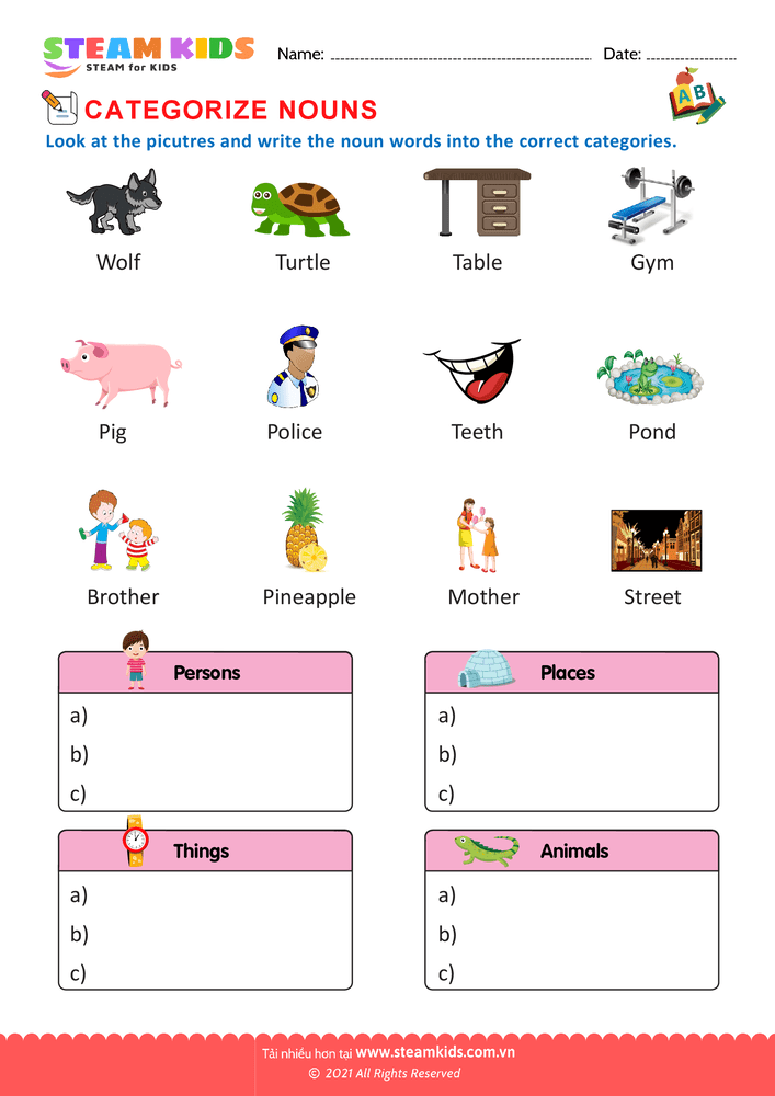 Bài tập tiếng anh - Categorize nouns - B7