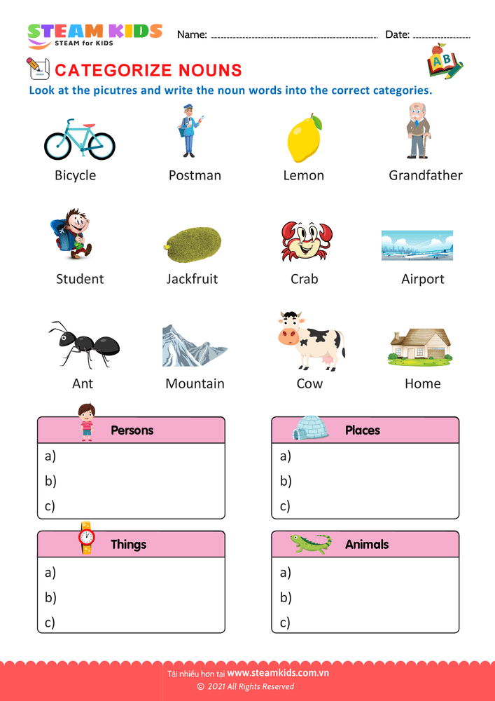 Bài tập tiếng anh - Categorize nouns - B8