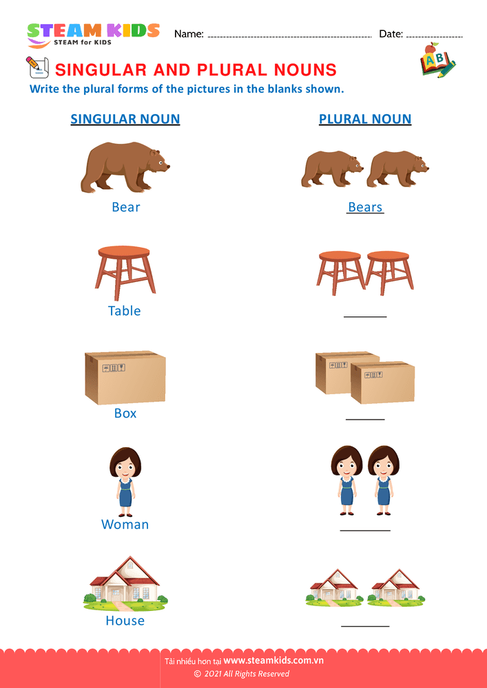 Bài tập tiếng anh - Singular and Plural Nouns - B7