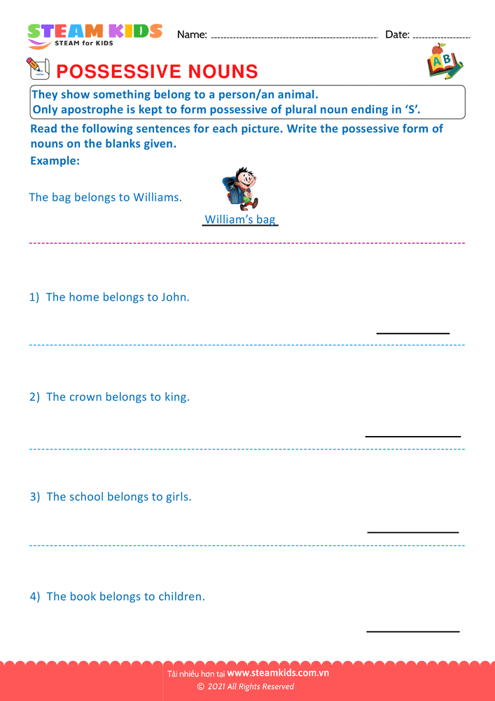 Bài tập tiếng anh - Possessive nouns - B13