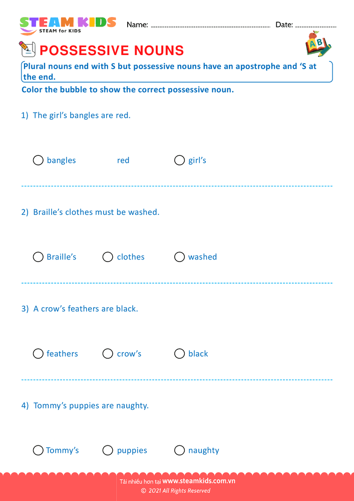 Bài tập tiếng anh - Possessive nouns - B7