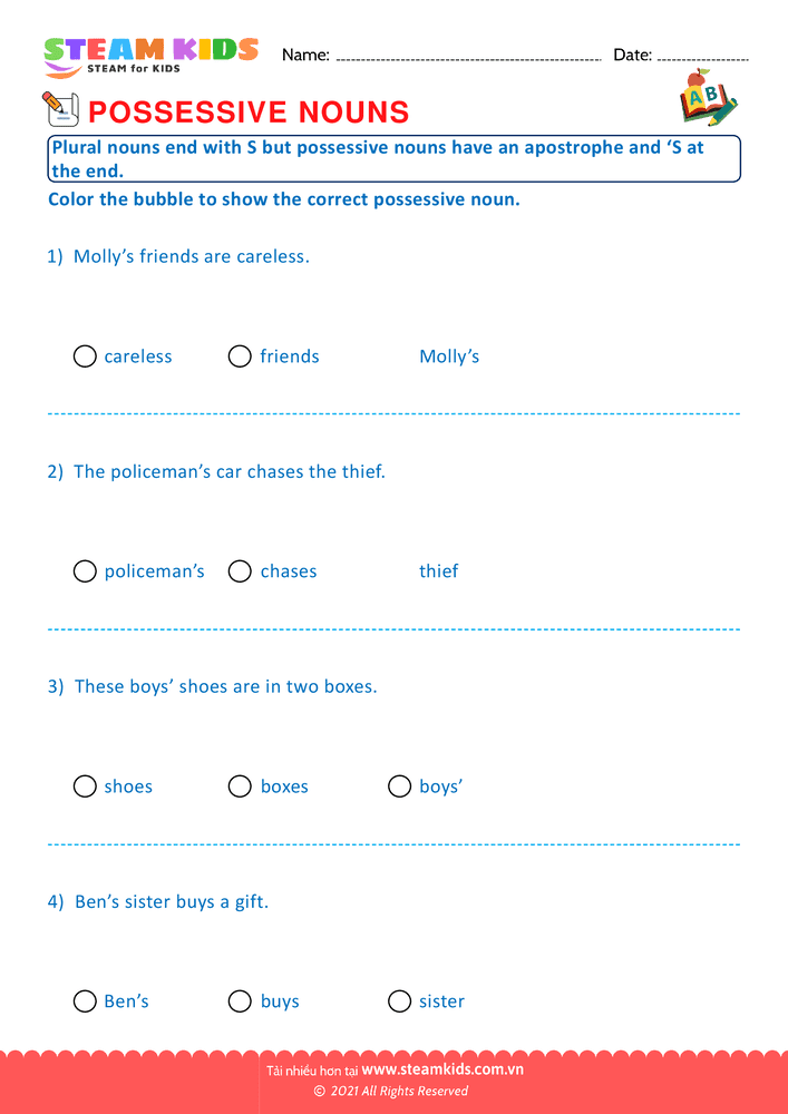 Bài tập tiếng anh - Possessive nouns - B8