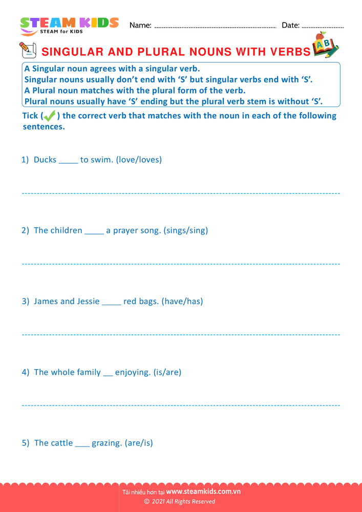 Bài tập tiếng anh - Singular and Plural Noun with Verbs - B4