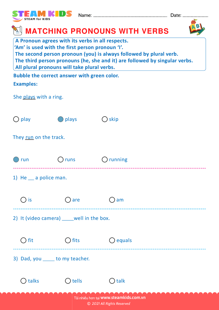 Bài tập tiếng anh - Matching Pronouns With Verbs - B11