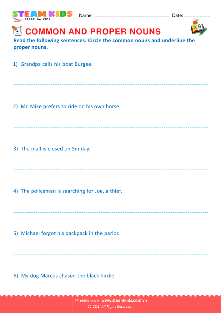 Bài tập tiếng anh - Proper and Common Nouns - B5