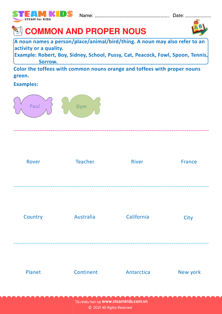 Bài tập tiếng anh - Proper and Common Nouns - B7