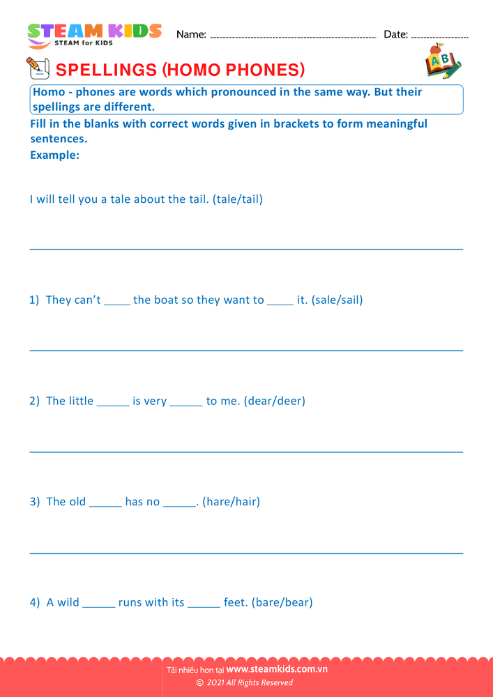 Bài tập tiếng anh - Spellings Homophones G2 - B1
