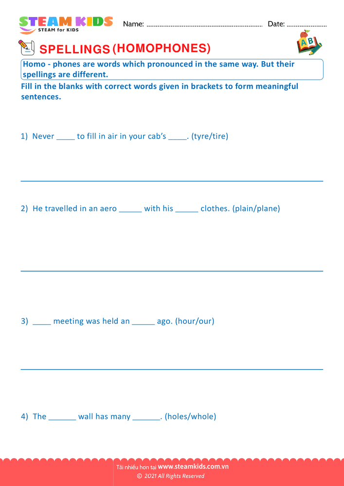 Bài tập tiếng anh - Spellings Homophones G2 - B2