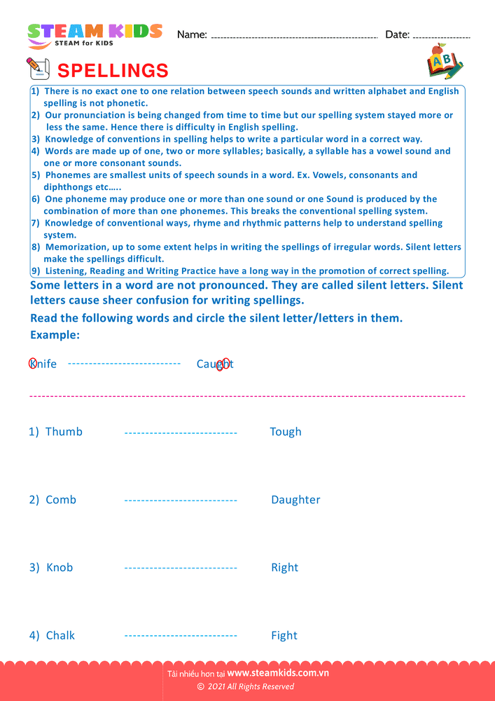 Bài tập tiếng anh - Spellings - BSilent letters - B1