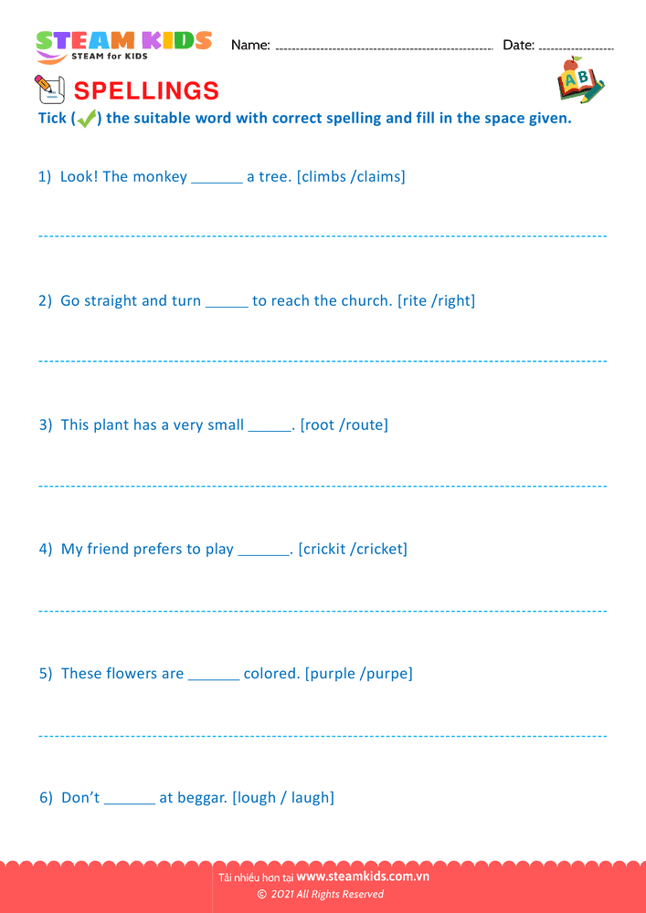 Bài tập tiếng anh - Conventional Spelling For Words - B25
