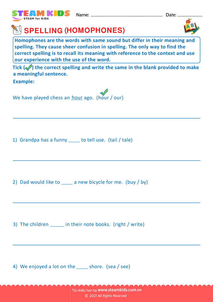 Bài tập tiếng anh - Spellings Homophones G2 - B3