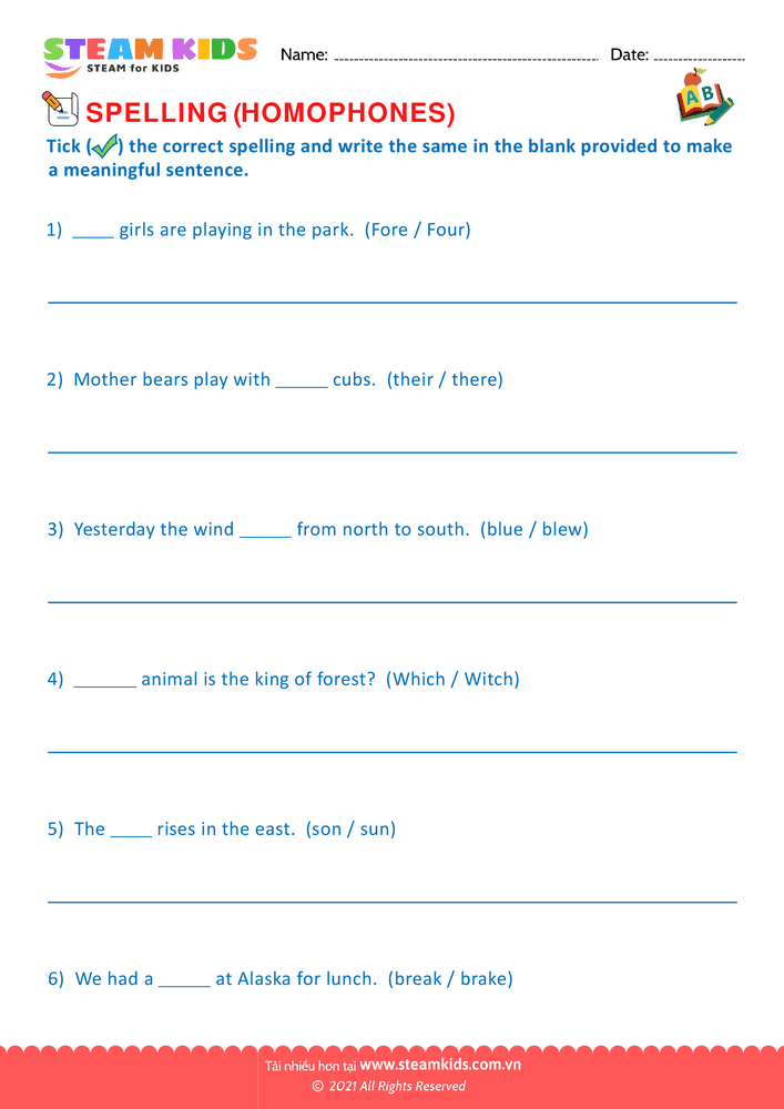 Bài tập tiếng anh - Spellings Homophones G2 - B4