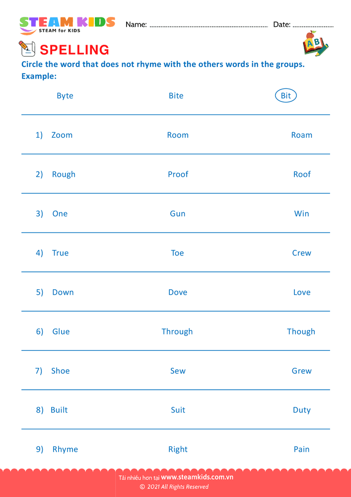Bài tập tiếng anh - Spellings - BRhyming Words - B1