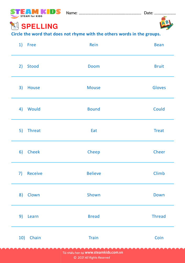 Bài tập tiếng anh - Spellings - BRhyming Words - B4