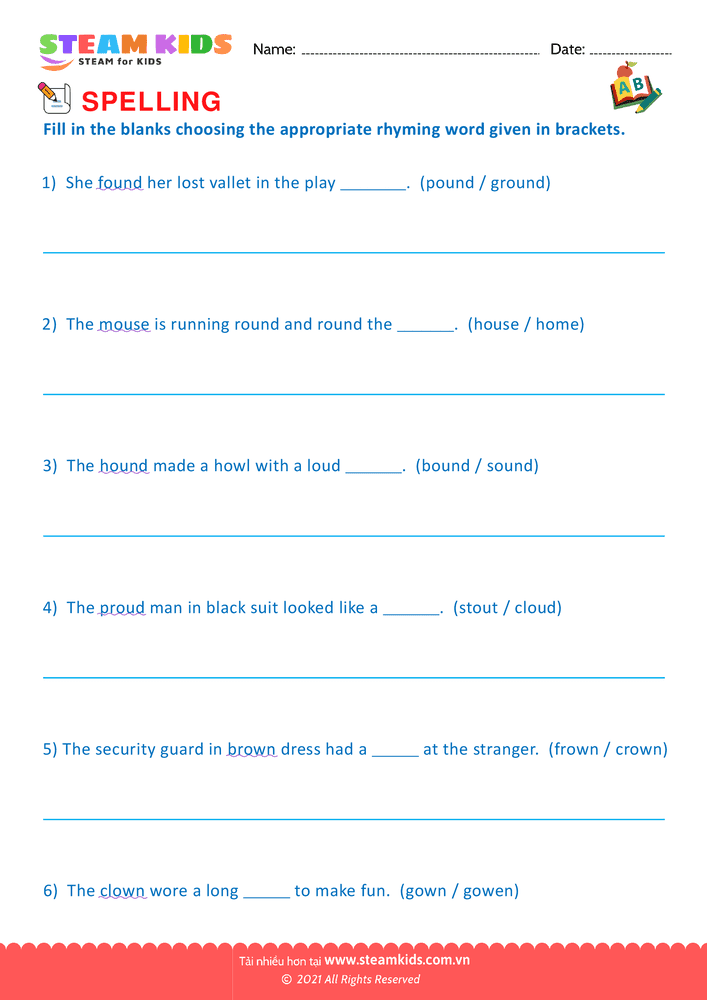 Bài tập tiếng anh - Spellings - BRhyming Words - B5