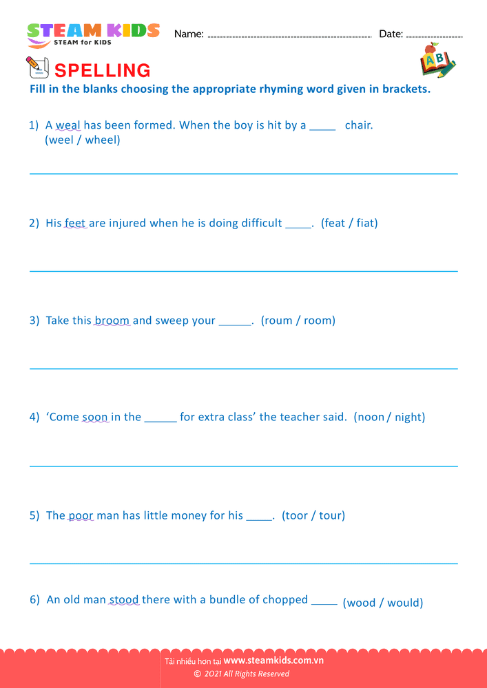 Bài tập tiếng anh - Spellings - BRhyming Words - B17