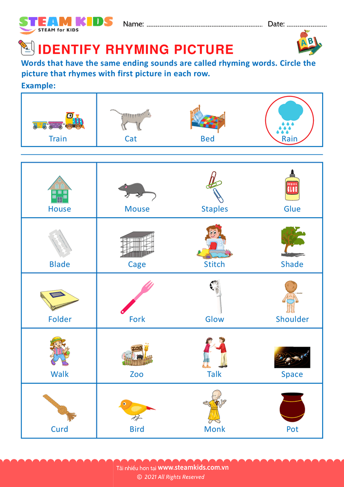 Bài tập tiếng anh - Identify Rhuming picture - B21